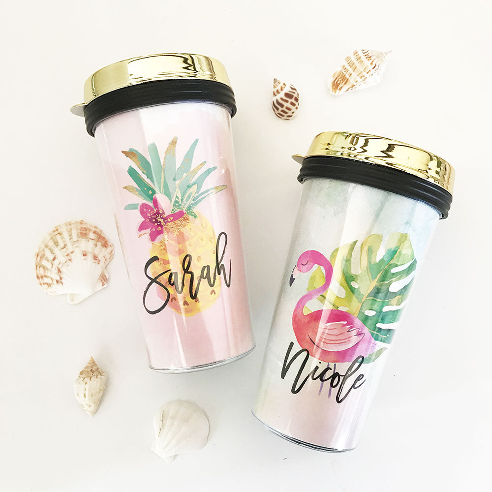 Personalized Tropical Beach Travel Tumblers - Gold Lid