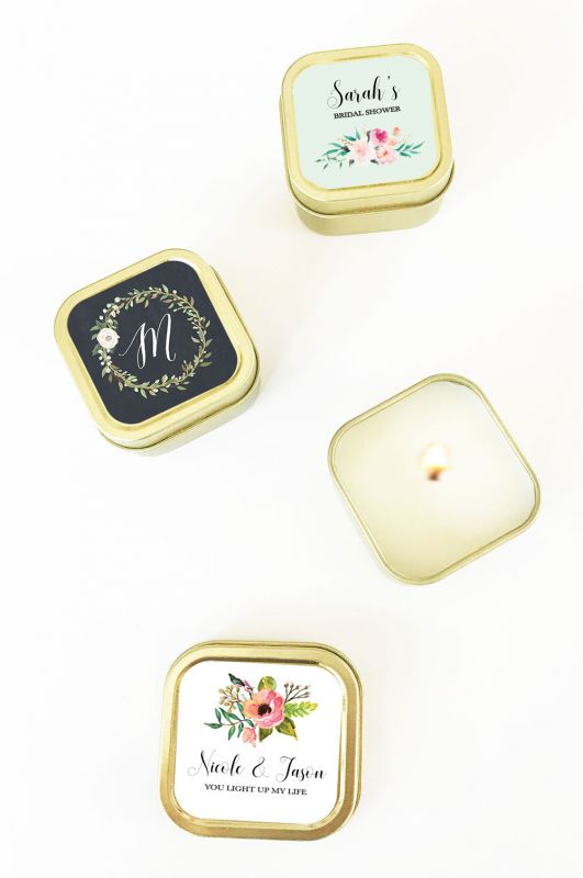 Personalized Floral Garden Gold Square Candle Tins